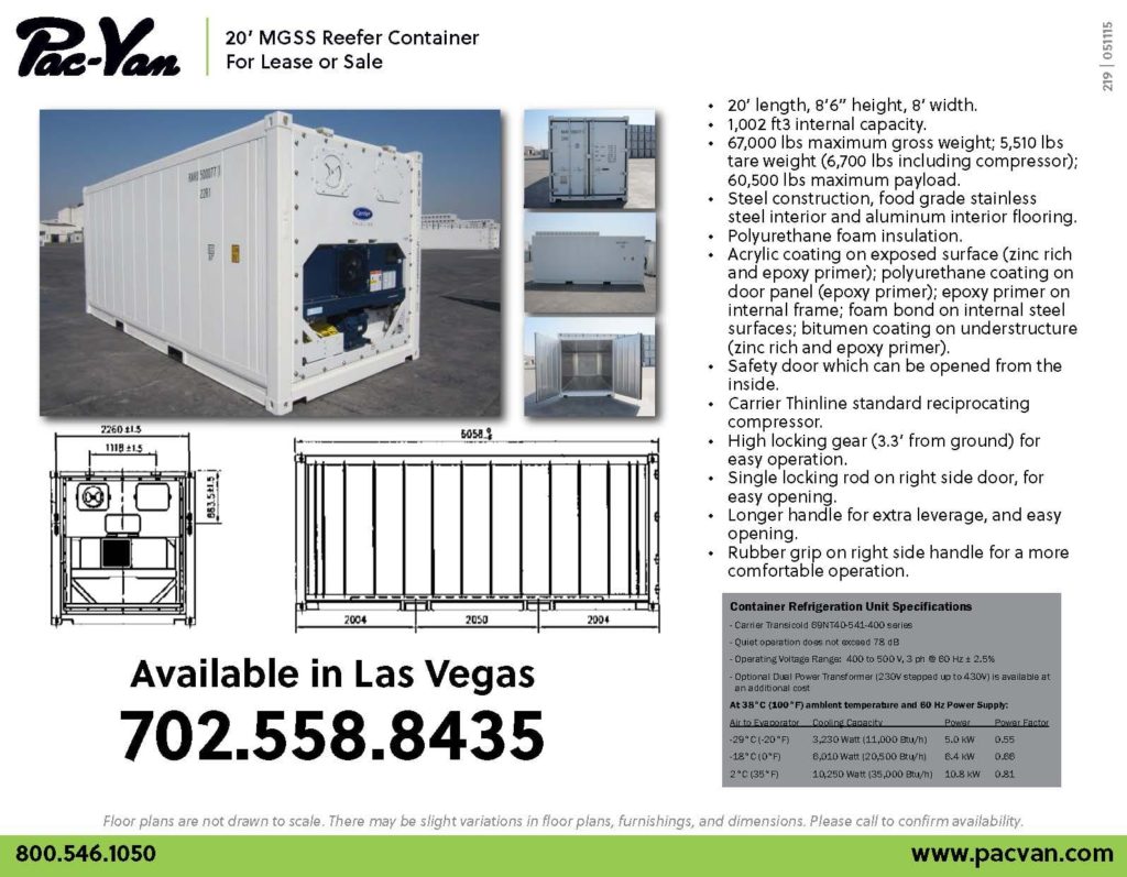 20' MGSS Reefer Container For Lease or Sale PacVan