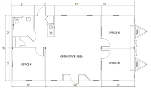 24 x 48 Designer Sales Office with 1 Restroom, 3 Private Offices and 1 Main Office
