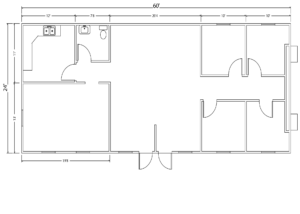 24 x 60 Sales Office with 1 Restroom, 4 Private Offices and 1 Main Office