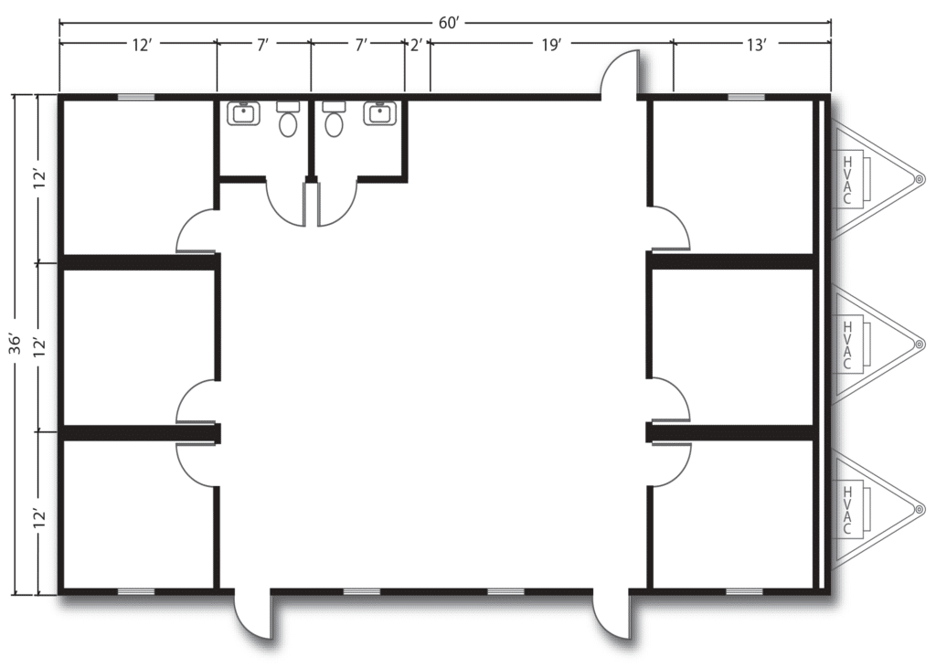 36 x 60 Modular Building with 2 Restroom and 6 Private Offices